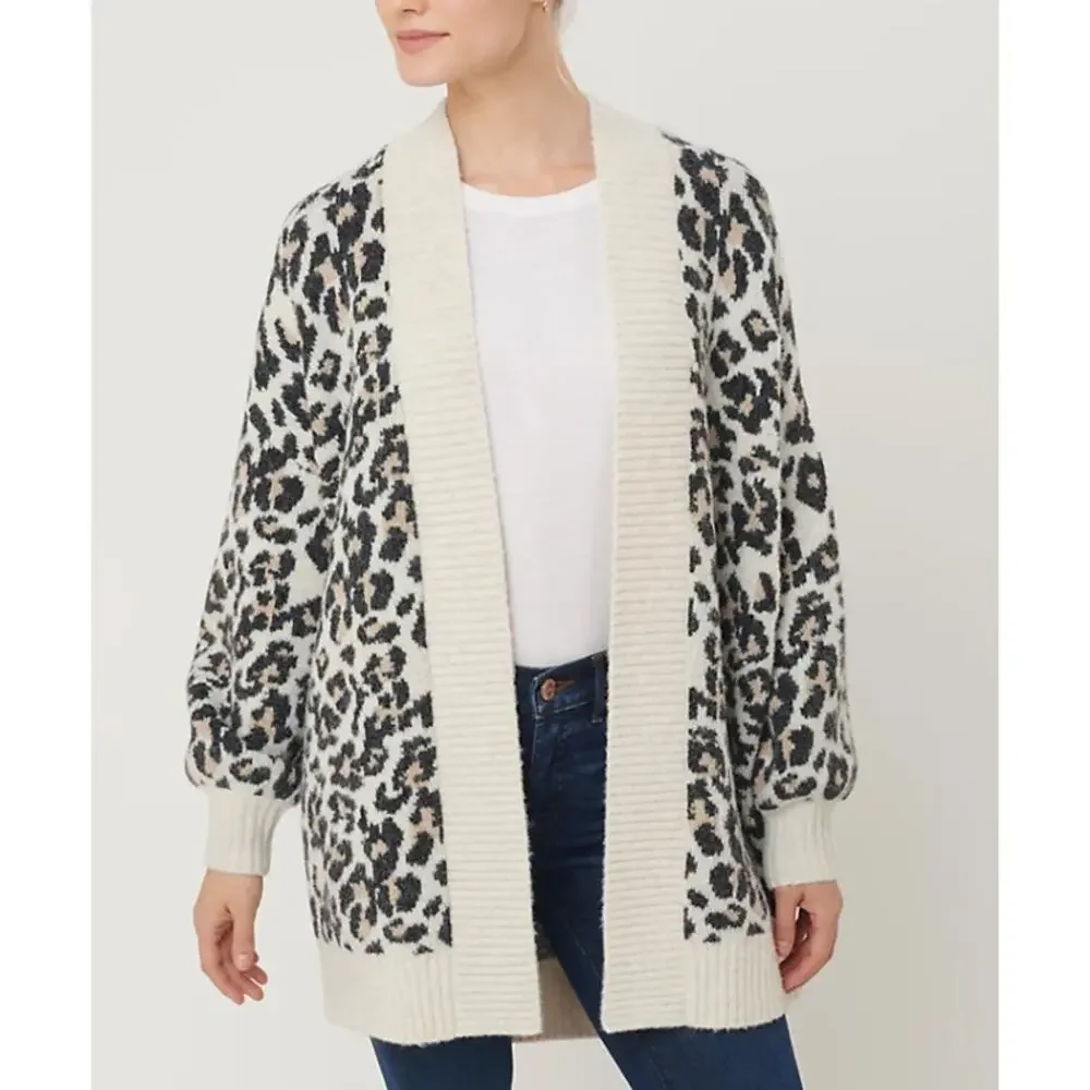 LOFT Leopard Print Cardigan Sweater S Cream Open Front Cozy Knit Preppy Chunky - Picture 1 of 9